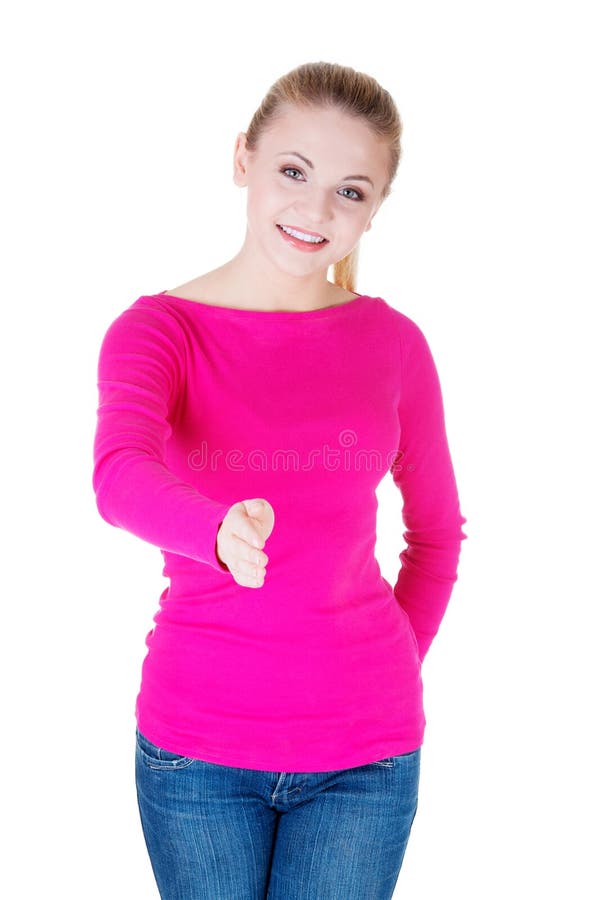 Jonge toevallige vrouw die welkom gebaar tonen. royalty-vrije stock afbeelding Jonge toevallige vrouw die welkom gebaar tonen. royalty-vrije stock afbeelding