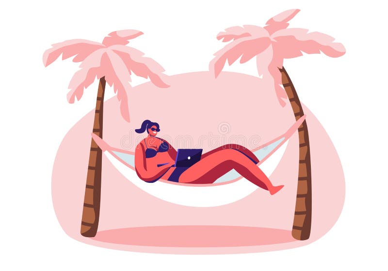 Jonge Vrouw die aan Laptop werken die in Hangmat liggen vector illustratie Jonge Vrouw die aan Laptop werken die in Hangmat liggen vector illustratie