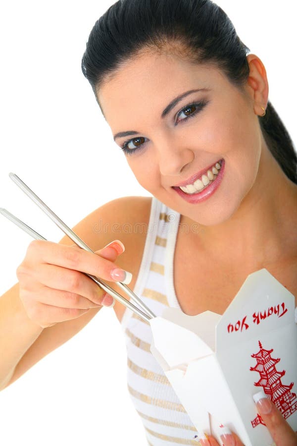 Jonge Vrouw die Chinees Voedsel eet royalty-vrije stock afbeeldingen