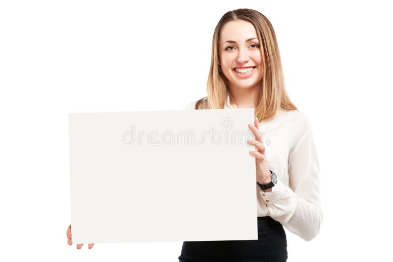 Jonge vrouw die leeg uithangbord houden. royalty-vrije stock afbeelding Jonge vrouw die leeg uithangbord houden. royalty-vrije stock afbeelding