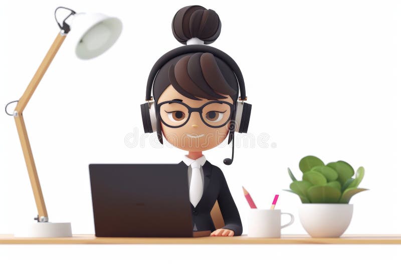 young woman working with laptop and headphones, Customer support, 3d illustration. AI generated. young woman working with laptop and headphones, Customer support, 3d illustration. AI generated