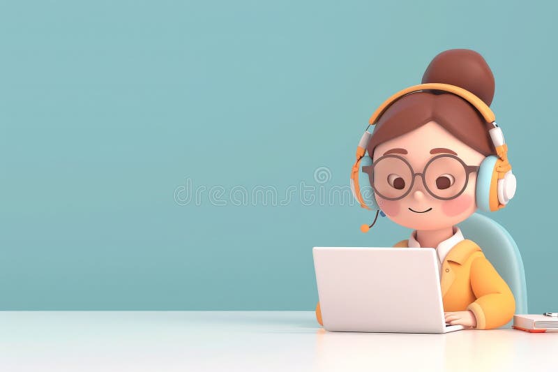 young woman working with laptop and headphones, Customer support, 3d illustration. AI generated. young woman working with laptop and headphones, Customer support, 3d illustration. AI generated