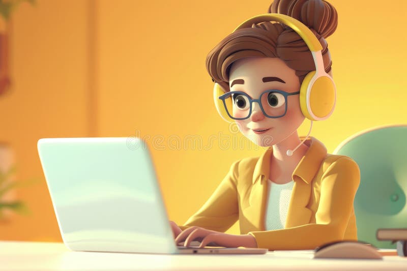 young woman working with laptop and headphones, Customer support, 3d illustration. AI generated. young woman working with laptop and headphones, Customer support, 3d illustration. AI generated