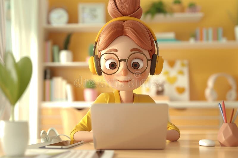 young woman working with laptop and headphones, Customer support, 3d illustration. AI generated. young woman working with laptop and headphones, Customer support, 3d illustration. AI generated