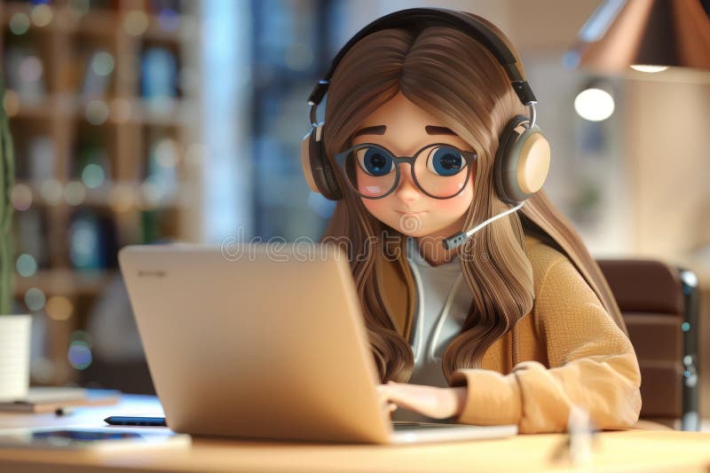 young woman working with laptop and headphones, Customer support, 3d illustration. AI generated. young woman working with laptop and headphones, Customer support, 3d illustration. AI generated