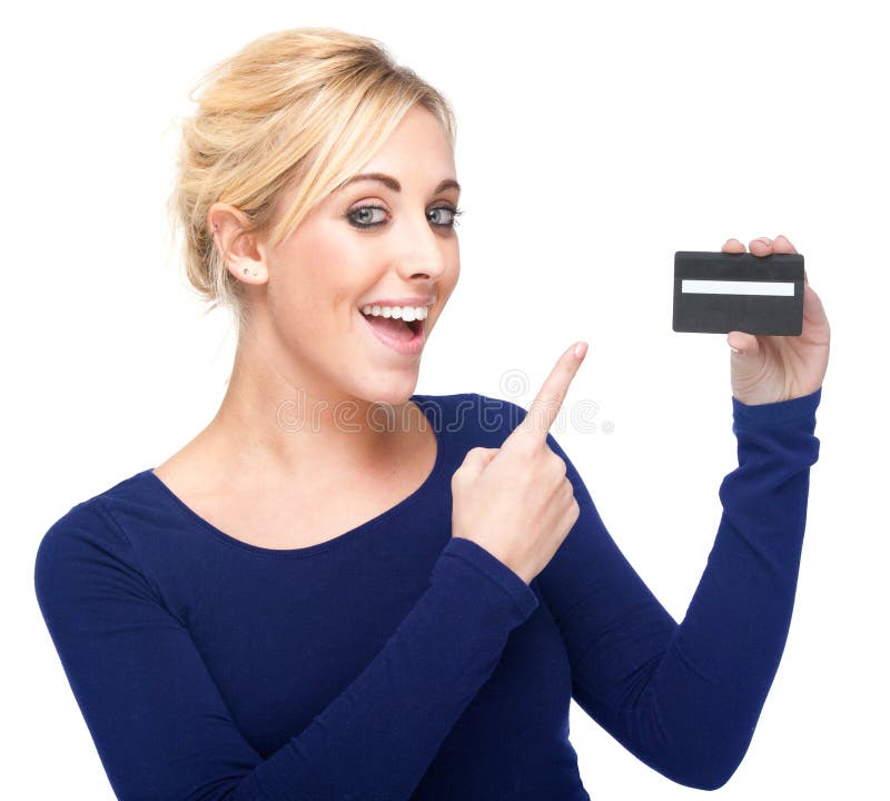 Jonge Vrouw die op een Creditcard richt stock afbeeldingen Jonge Vrouw die op een Creditcard richt stock afbeeldingen