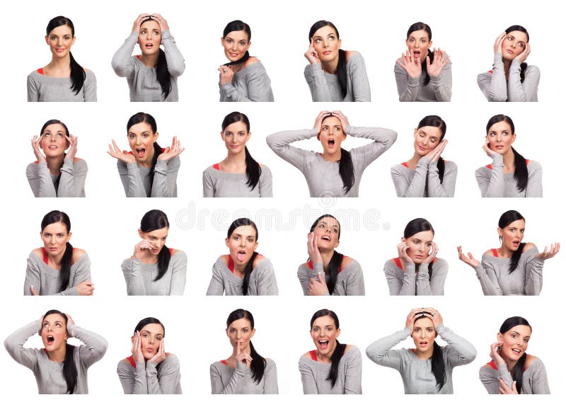 Young woman showing several expressions, isolated on white background. Young woman showing several expressions, isolated on white background.