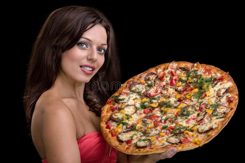 Jonge vrouw met pizza tegen zwarte achtergrond stock foto's Jonge vrouw met pizza tegen zwarte achtergrond stock foto's