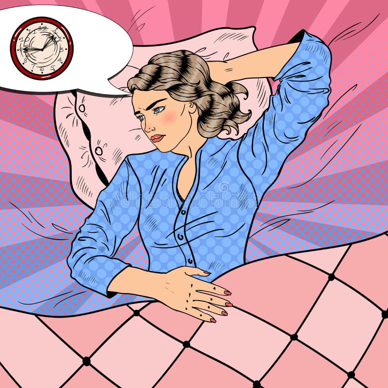 Jonge Vrouw met Slapeloosheid die in Bed liggen Pop-art retro illustratie royalty-vrije illustratie Jonge Vrouw met Slapeloosheid die in Bed liggen Pop-art retro illustratie royalty-vrije illustratie