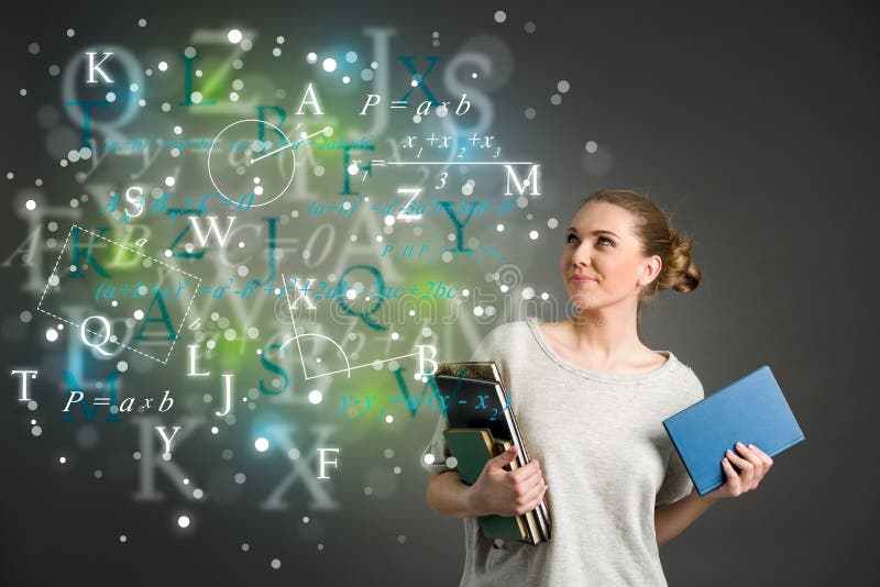 Jonge vrouwelijke student met wolken van heldere formules, aantallen, le vector illustratie Jonge vrouwelijke student met wolken van heldere formules, aantallen, le vector illustratie