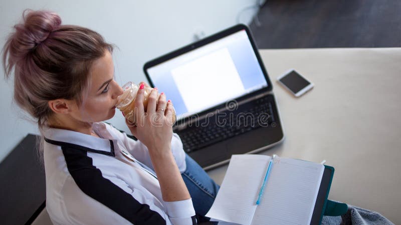 Jonge vrouwelijke student of ondernemer die van huis werken Het verre werk stock afbeeldingen Jonge vrouwelijke student of ondernemer die van huis werken Het verre werk stock afbeeldingen