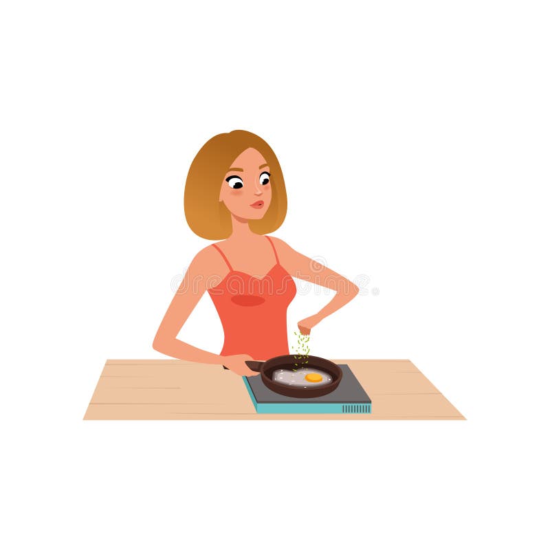 Jonge vrouwen bradende eieren in een pan, meisje die gezonde maaltijd in keuken vectorillustratie voorbereiden op een wit stock illustratie Jonge vrouwen bradende eieren in een pan, meisje die gezonde maaltijd in keuken vectorillustratie voorbereiden op een wit stock illustratie