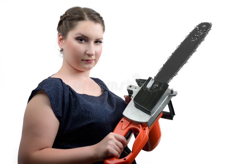 Jonge vrouwen met elektrische zaag stock foto's Jonge vrouwen met elektrische zaag stock foto's