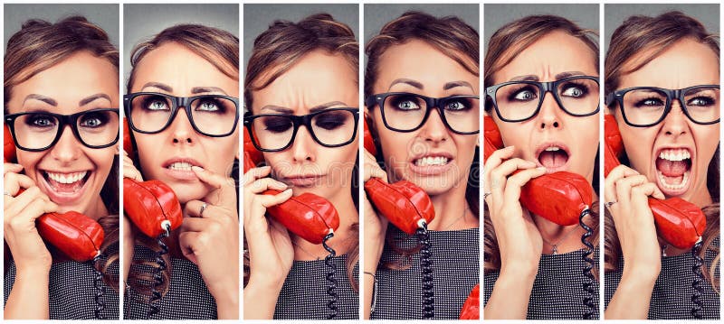 Jonge vrouwen veranderende emoties van gelukkig tot boos terwijl het beantwoorden van de telefoon