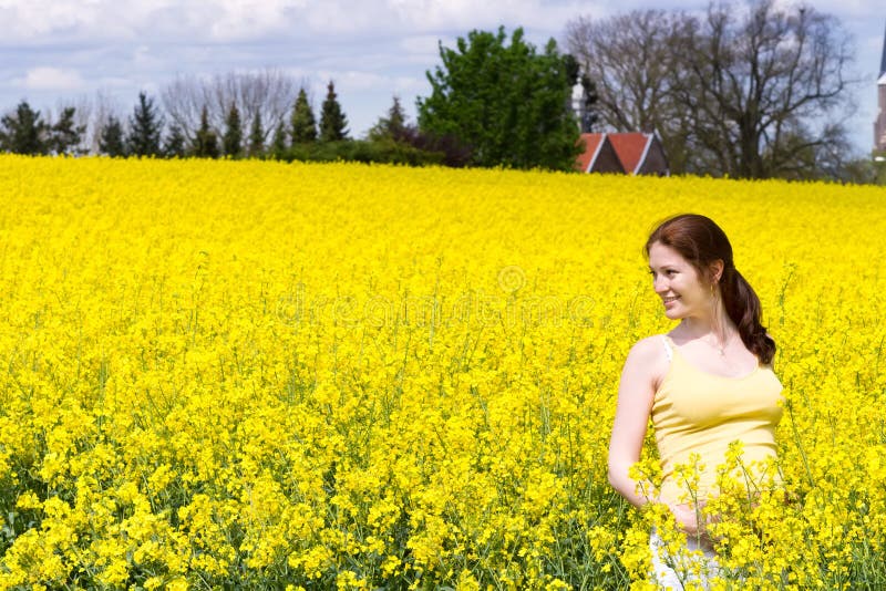 Jonge zwangere vrouw op geel bloemgebied royalty-vrije stock foto Jonge zwangere vrouw op geel bloemgebied royalty-vrije stock foto