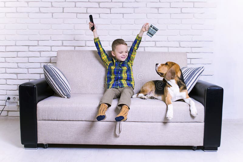 Funny boy with remote control watching TV with dog Beagle on the couch. Funny boy with remote control watching TV with dog Beagle on the couch