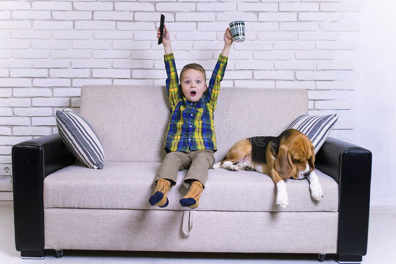 Funny boy with remote control watching TV with dog Beagle on the couch. Funny boy with remote control watching TV with dog Beagle on the couch