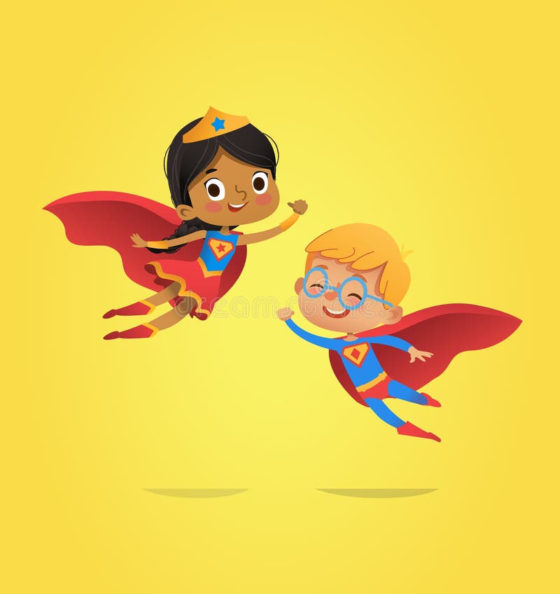 Jongen en Afrikaans Amerikaans Meisje, die kostuums van superheroesvlieg dragen Beeldverhaal vectorkarakters van Jong geitje Supe vector illustratie Jongen en Afrikaans Amerikaans Meisje, die kostuums van superheroesvlieg dragen Beeldverhaal vectorkarakters van Jong geitje Supe vector illustratie