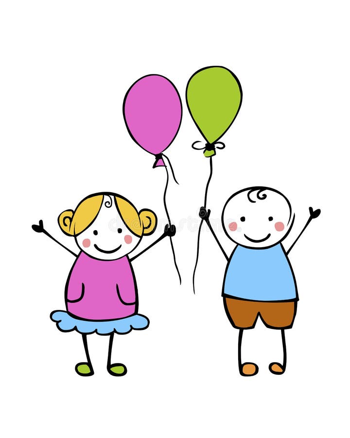 Jongen en meisje met ballons Kleine mensen vector illustratie Jongen en meisje met ballons Kleine mensen vector illustratie