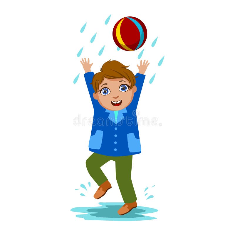 Boy Playing With The Ball, Kid In Autumn Clothes In Fall Season Enjoyingn Rain And Rainy Weather, Splashes And Puddles. Cute Cheerful Child In Warm Clothing Having Fun Outdoors Vector Illustration. Boy Playing With The Ball, Kid In Autumn Clothes In Fall Season Enjoyingn Rain And Rainy Weather, Splashes And Puddles. Cute Cheerful Child In Warm Clothing Having Fun Outdoors Vector Illustration.