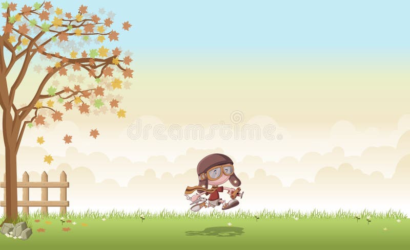 Jongen met helm en beschermende bril die met vliegtuigspeelgoed lopen stock illustratie Jongen met helm en beschermende bril die met vliegtuigspeelgoed lopen stock illustratie