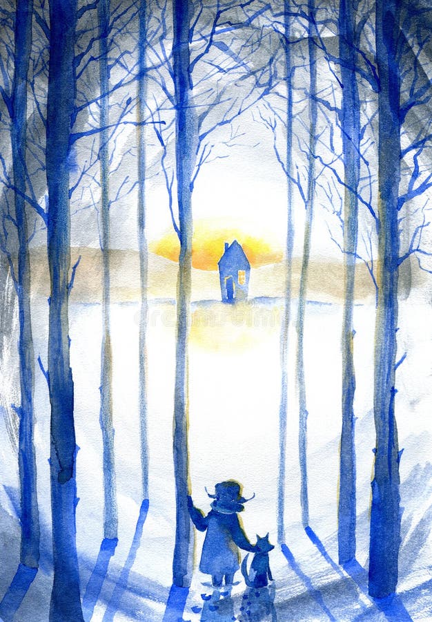 Jongen met hond in de winter forestLandscape De sneeuwboom van het pijnboomsilhouet met zonlicht stock illustratie Jongen met hond in de winter forestLandscape De sneeuwboom van het pijnboomsilhouet met zonlicht stock illustratie