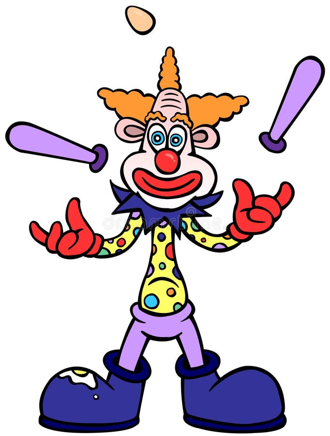 A skinny orange haired clown wearing a spotted clown shirt, red gloves and large boots and juggling two batons and an egg. A skinny orange haired clown wearing a spotted clown shirt, red gloves and large boots and juggling two batons and an egg.