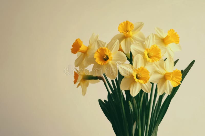 Jonquilles jaune vif dans un vase sur un fond pâle capturant l'essence des sources photographie stock