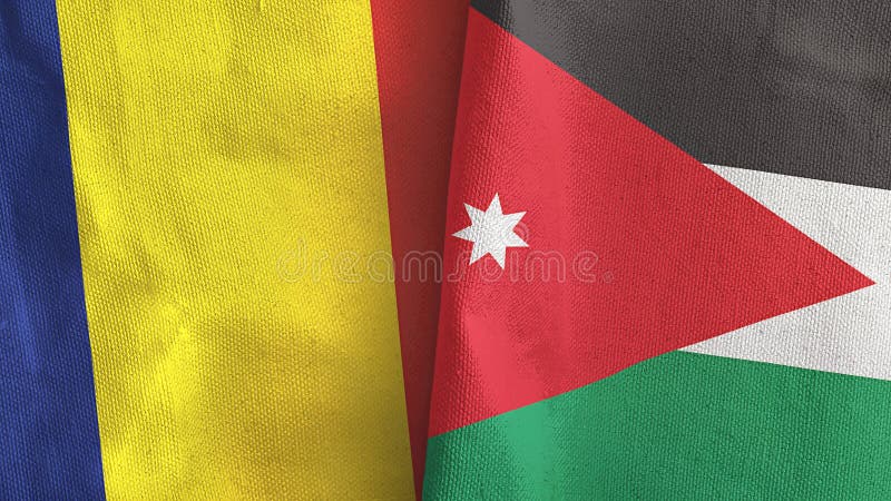 Jordan and Chad two flags textile cloth 3D rendering. Jordan and Chad two folded flags together 3D rendering