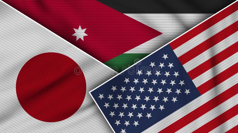 Jordan United States of America Japan Flags Together Fabric Texture Illustration stock illustration