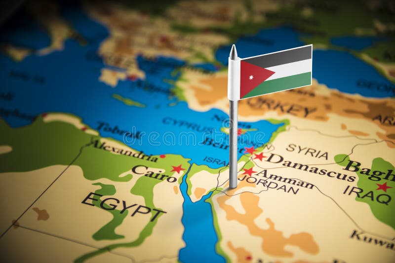 Jordania marcó con una bandera en el mapa fotos de archivo Jordania marcó con una bandera en el mapa fotos de archivo