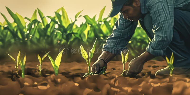Jordbrukare som planterar unga majsplantor på marken. skott som grots ur jord. jordbrukarhänder som omfattas av smuts. hållbar royaltyfri illustrationer