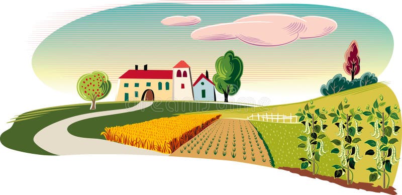 Jordbruks- landskap med en lantgård royaltyfri illustrationer Jordbruks- landskap med en lantgård royaltyfri illustrationer