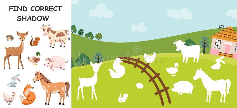 Jordbruksdjur och vilda djur. Hitta rätt skugga för element som undervisningsspel för gratis tid. Häst av gris royaltyfri illustrationer