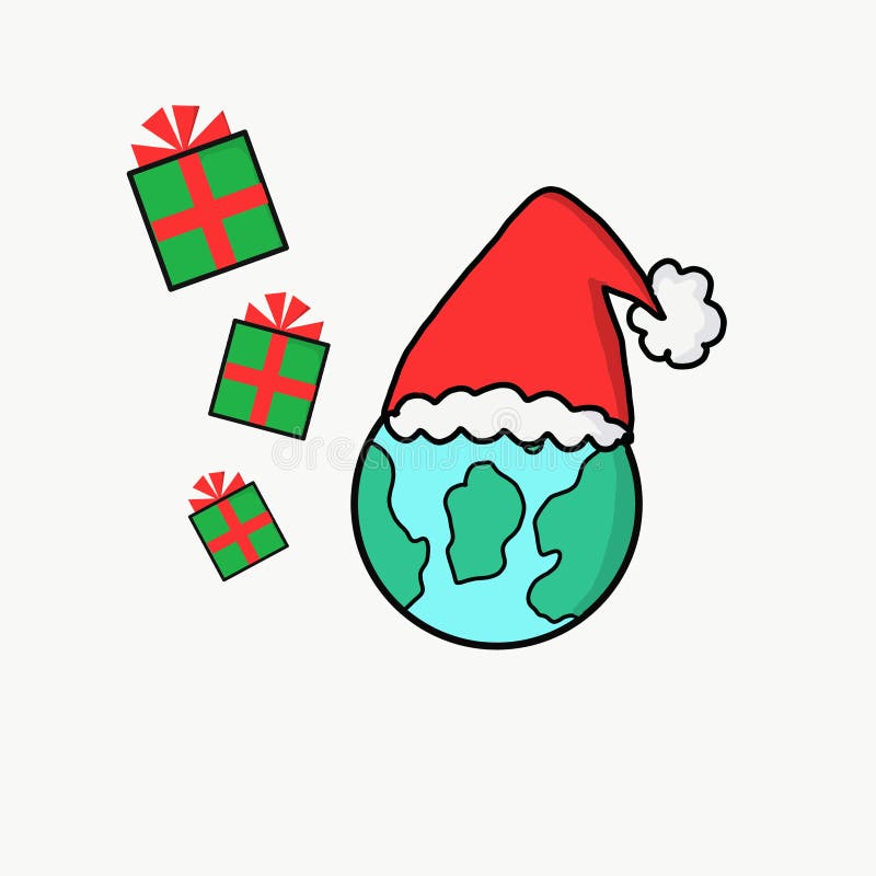 Jorden bär den röda jultomtehatten med tre presentlådor på vit bakgrund, tecknade illustratorer Begreppet merry christmas stock illustrationer