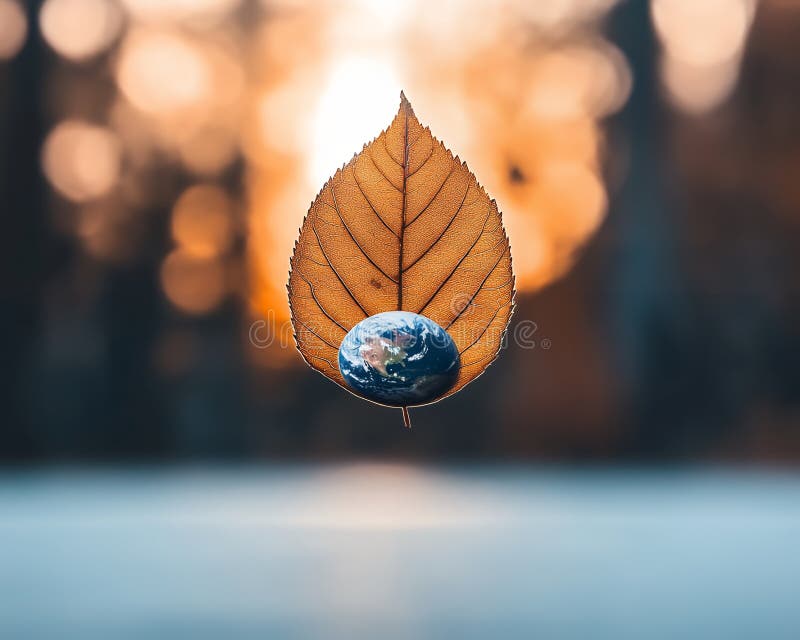 Jorden på Leaf Golden Autumn Natature Eco Image Solnedfaller i världens gröna brunljusfabrik stock illustrationer
