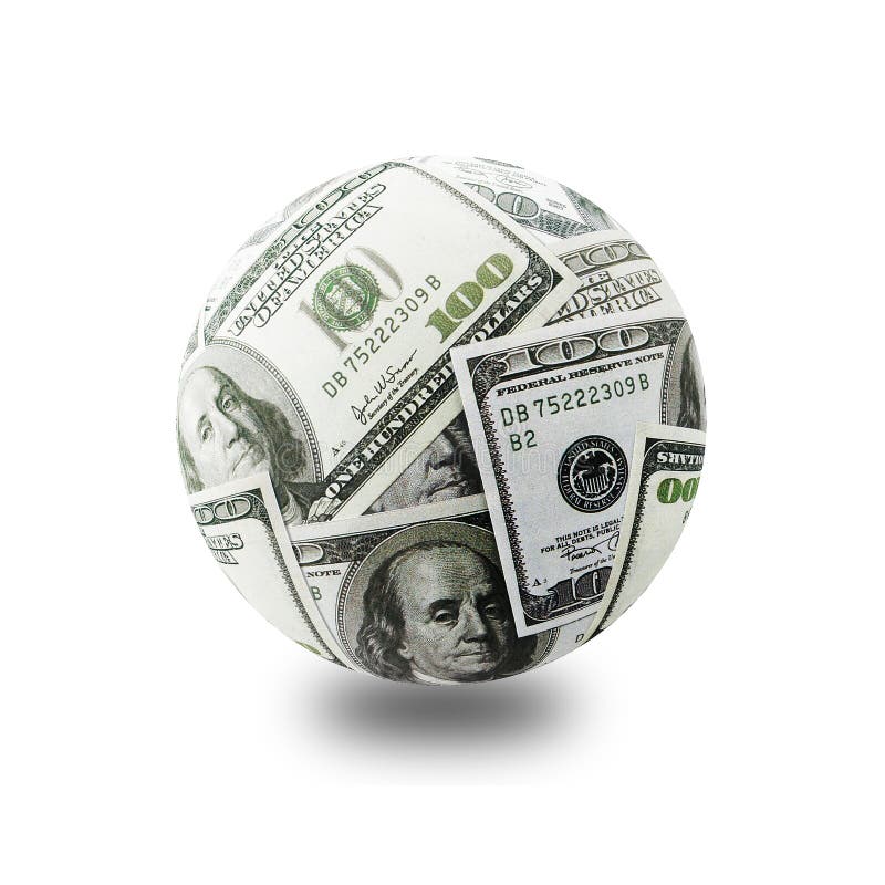 Globe formed of American one hundred dollar bills over white background. Globe formed of American one hundred dollar bills over white background