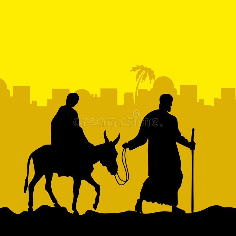 Joseph et Mary sont sur un âne Scène de Noël illustration libre de droits Joseph et Mary sont sur un âne Scène de Noël illustration libre de droits