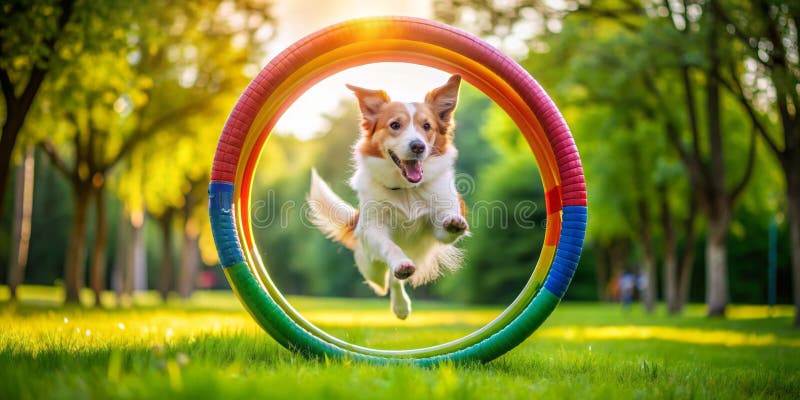 Jouer le chien s'envole à travers un cerceau coloré dans le parc luxuriant libérer la joie et l'agilité à l'extérieur. Assistez à la pure exaltation d'un chien en plein air! Cette image vibrante capture un moment d'agilité joyeuse. La canine énergique saute gracieusement à travers un cerceau coloré qui met en valeur son énergie infinie et son esprit ludique. Le parc verdoyant offre un cadre parfait pour mettre en valeur la beauté naturelle de la scène. Les couleurs vives du cerceau contrastent avec le vert