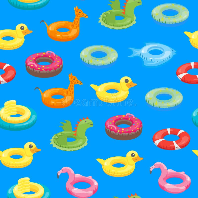 Cartoon Color Swimming Ring Toy Seamless Pattern Background Include of Pink Flamingo, Duck, Fish and Donut Flat Design Style. Vector illustration. Cartoon Color Swimming Ring Toy Seamless Pattern Background Include of Pink Flamingo, Duck, Fish and Donut Flat Design Style. Vector illustration