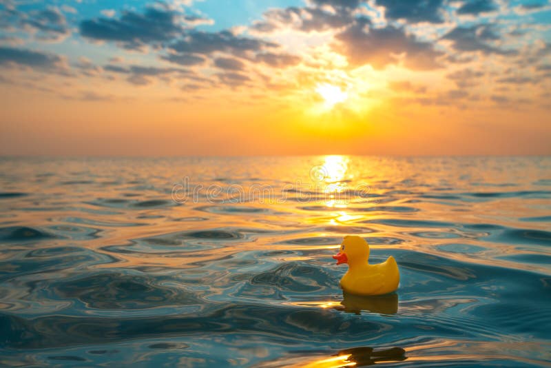 Jouet de canard en caoutchouc jaune flottant dans l'eau de mer Beau lever de soleil sur la plage