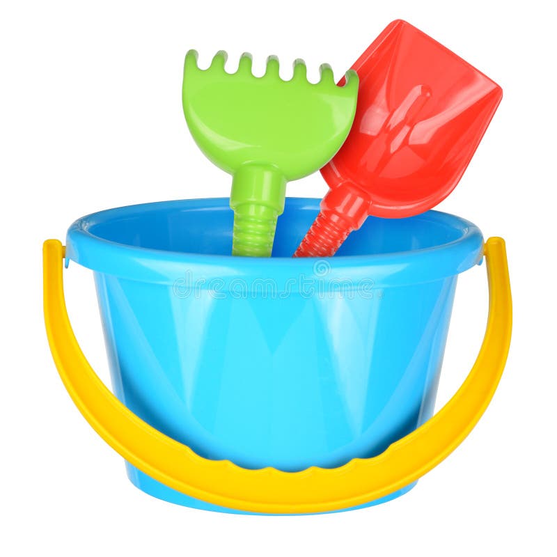 Toy bucket rake and spade isolated on white background. Toy bucket rake and spade isolated on white background