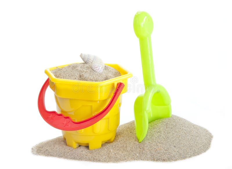 Sand bucket and spade toy on white background. Sand bucket and spade toy on white background