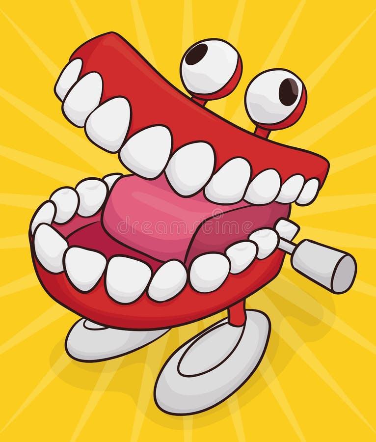 Funny chattering teeth toy with googly eyes and feet in yellow background. Funny chattering teeth toy with googly eyes and feet in yellow background.