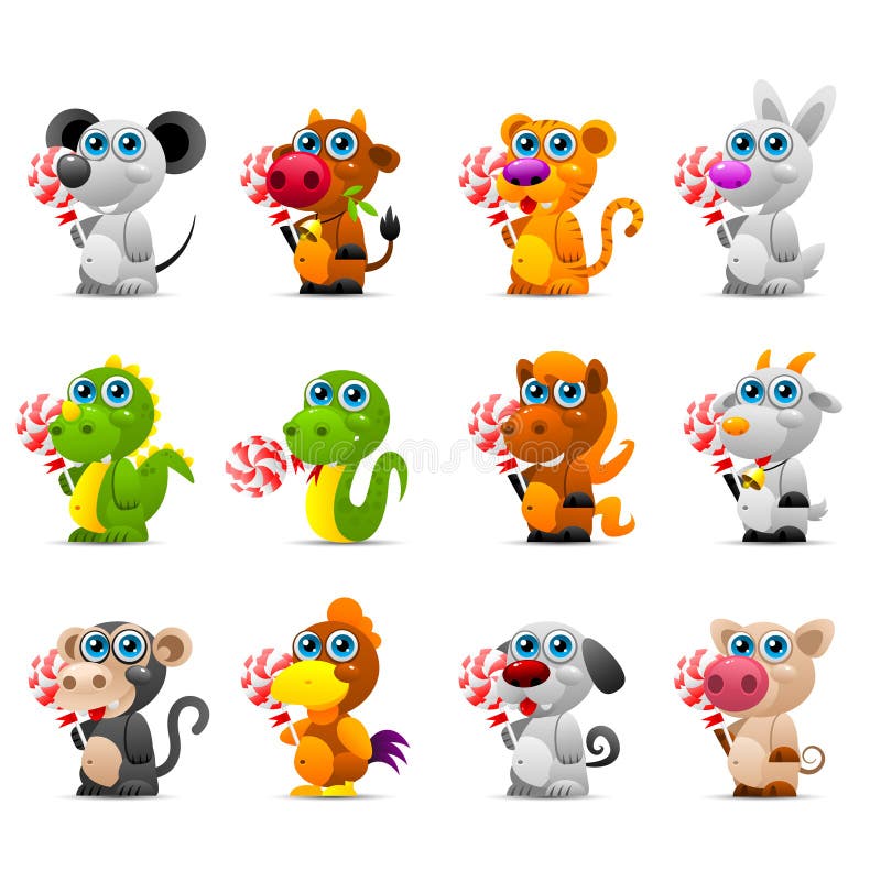 Jouets animaux d'horoscope chinois avec la sucrerie de sucre illustration de vecteur Jouets animaux d'horoscope chinois avec la sucrerie de sucre illustration de vecteur