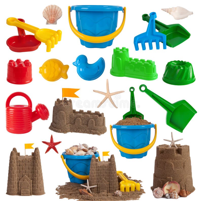 Beach toys and sand castles isolated on white background. Beach toys and sand castles isolated on white background