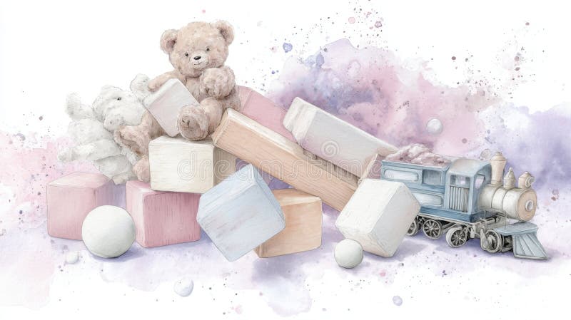 Jouets pastel aquarelle : illustration du train vintage de blocs en bois de tedbear illustration stock