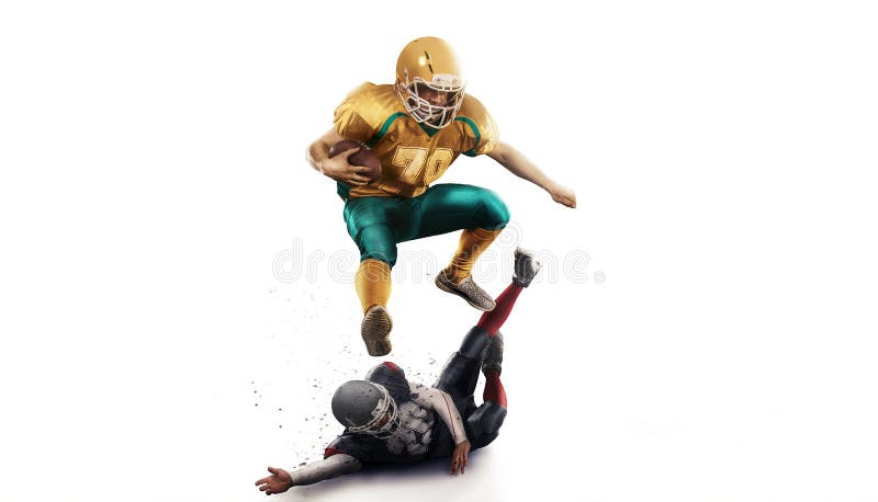 Joueur de football américain dans le blanc d'isolement par action image stock Joueur de football américain dans le blanc d'isolement par action image stock