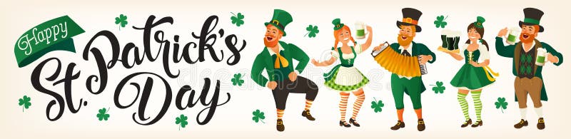 Jour de St Patrick s Illustration de vecteur avec les personnes drôles dans des costumes de carnaval pour des bannières, insectes illustration stock Jour de St Patrick s Illustration de vecteur avec les personnes drôles dans des costumes de carnaval pour des bannières, insectes illustration stock