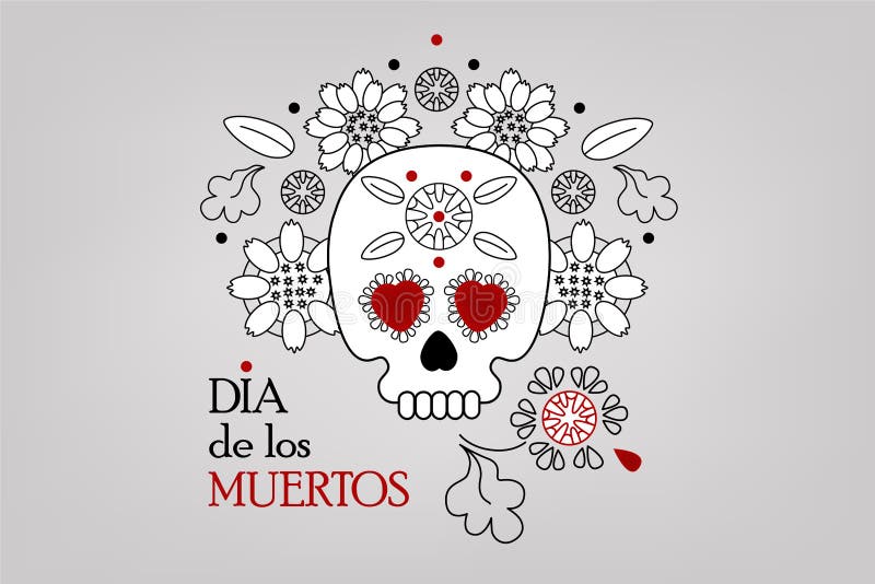 Jour des morts, fond gris Dia de los muertos, concept de bannières et de cartes de voeux avec crâne ou calavera de sucre, fleurs illustration libre de droits Jour des morts, fond gris Dia de los muertos, concept de bannières et de cartes de voeux avec crâne ou calavera de sucre, fleurs illustration libre de droits